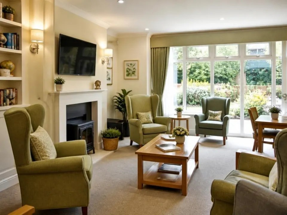 A bright care home lounge with armchairs