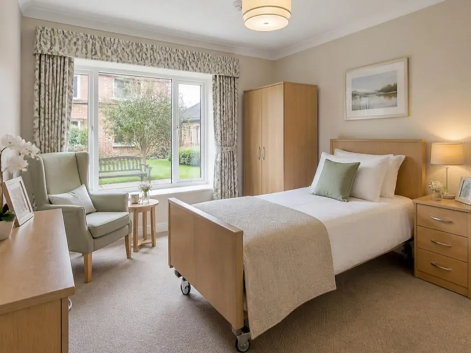 A calm private bedroom with a garden view
