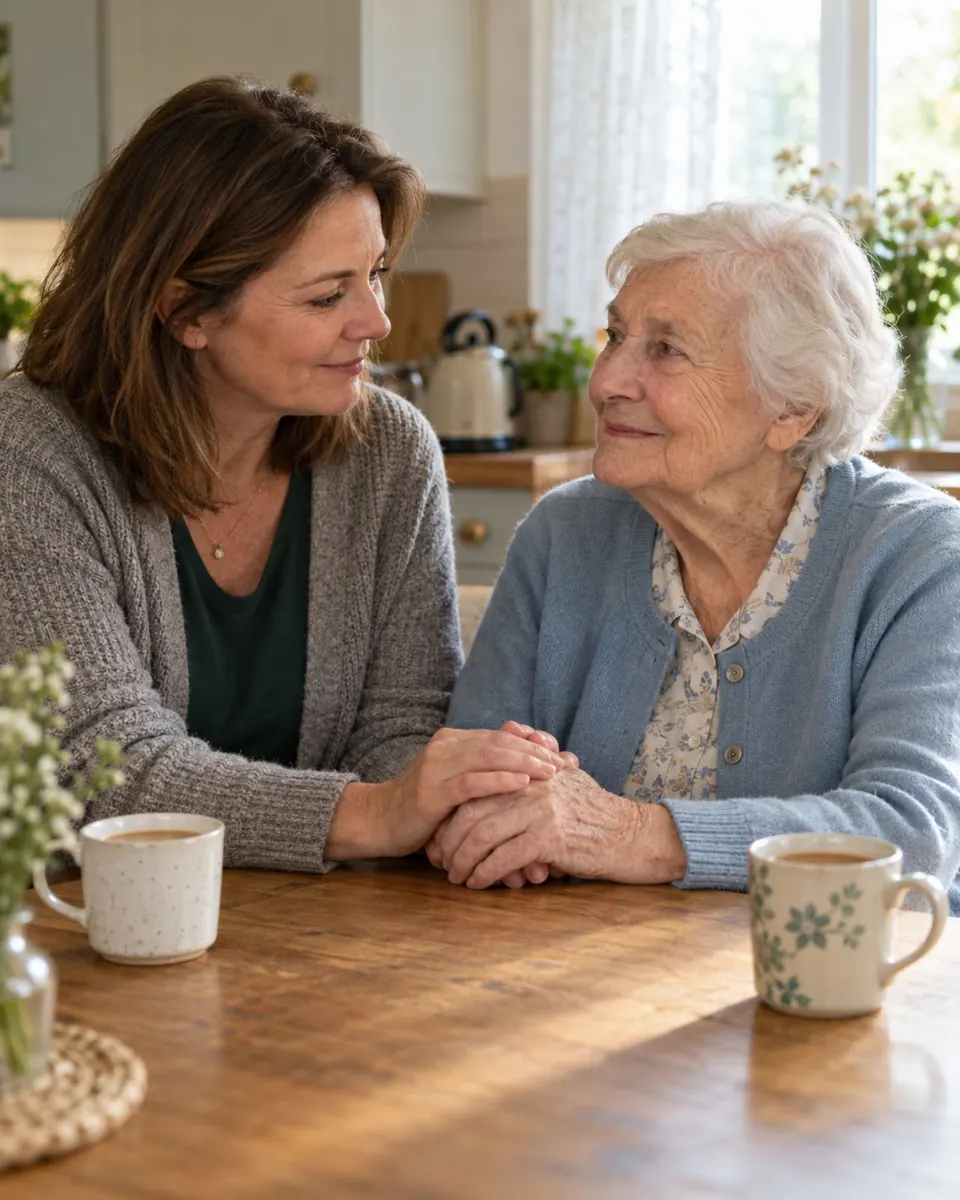 A daughter holding her mother's hand at the kitchen table